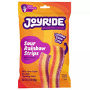 A colorful package of Joyride Sour Rainbow Strips candy features vibrant, chewy strips in shades of purple, yellow, and orange, labeled as "Limited Time Only" and highlighting its low sugar content.