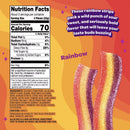 Colorful rainbow candy strips are displayed against a vibrant background, with a nutrition facts label beside them highlighting their sweet and sour flavor profile and ingredients.