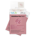 A package of Glutathione Plus patches from PatchAid, featuring a pink design with health benefits listed, contains 30 patches designed to support immune function and reduce cell damage.