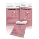 Three packages of Glutathione Plus Patch are displayed, featuring a pink background with health benefits listed, highlighting antioxidants and containing 30 patches each for improved wellness.