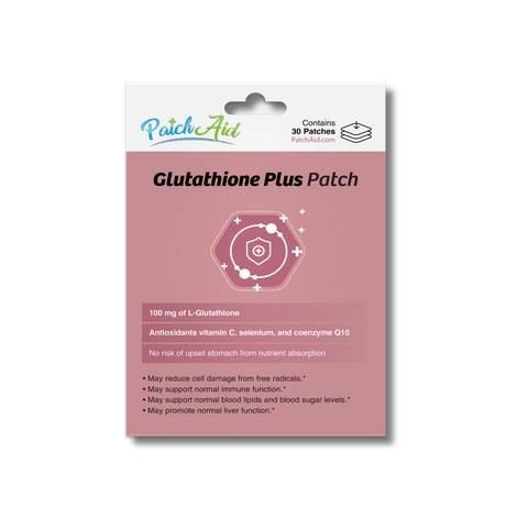 A pink packaging for Glutathione Plus Patch features a hexagonal graphic, lists ingredients like L-Glutathione and antioxidants, and highlights benefits such as immune support and reduced cell damage.
