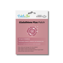 A pink packaging for Glutathione Plus Patch features a hexagonal graphic, lists ingredients like L-Glutathione and antioxidants, and highlights benefits such as immune support and reduced cell damage.