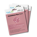 Three packages of Glutathione Plus Patch are displayed, featuring a pink background, product name, and details about ingredients and benefits, indicating it contains 30 patches for health support.