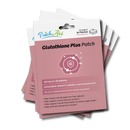 A stack of product packages for "Glutathione Plus Patch" features details about its ingredients and benefits, including antioxidants and support for immune and liver function, on a pink background.