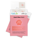 A pink package labeled "Good Vibes Patch" contains 30 mood support patches featuring a sun icon, with text highlighting benefits for emotional balance and mental clarity.