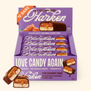 A box of Harken's "The Gooey One" salted date caramel candy bars displays 12 individually wrapped bars, with one cut in half to show the gooey filling, set against a purple background.