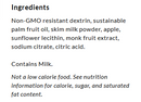 A list of ingredients for a food product includes non-GMO resistant dextrin, sustainable palm fruit oil, skim milk powder, apple, sunflower lecithin, monk fruit extract, sodium citrate, and citric acid, with a note about calorie content.