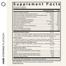 A detailed supplement facts sheet lists ingredients and nutritional information for a hair health product, including vitamins, minerals, and herbal extracts, formatted for easy reading.