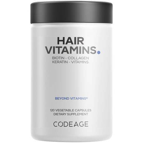 A white container labeled "Hair Vitamins" with text highlighting biotin, collagen, keratin, and vitamins, containing 120 vegetable capsules, positioned against a plain background.