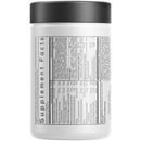A white supplement container with a black lid displays detailed nutritional information and ingredient list on its side, indicating it is intended for health and wellness use.