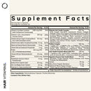 Supplement facts label for hair vitamins, detailing ingredients, serving size, and nutritional information, with emphasis on vitamins and a blend for hair health, presented in a clear, organized format.