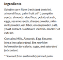 A list of ingredients for a food product, including items like almond flour, pumpkin seeds, and cheese powder, with notes on allergens and nutritional information.