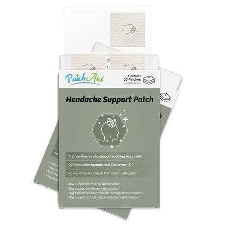 A package of PatchAid Headache Support Patches, featuring a green design with a profile illustration, highlights benefits like headache relief and contains 30 patches with ingredients like ashwagandha and Coenzyme Q10.