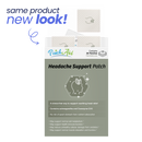 Headache support patch packaging with 'same product, new look!' text.