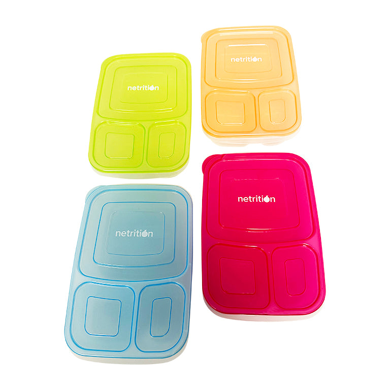 4 Compartment Detachable, Stackable, and Portion Controlled Food & Powder Storage Containers by BariatricPal (Pink & Blue Set)