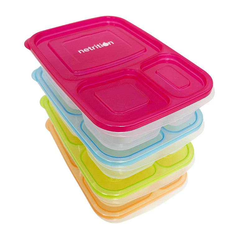 Reusable 3-Compartment Food Containers & Bento Lunch Boxes for School, Work, and Travel by Netrition (Set of 4)