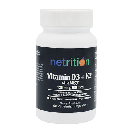 A white bottle labeled "netrition Vitamin D3 + K2" contains 60 vegetarian capsules, highlighting benefits for bones and cardiovascular health, with dosage details on the front.