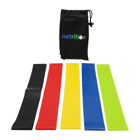 Five colorful resistance bands in black, red, yellow, blue, and green are laid out in front of a black drawstring bag labeled "netrition."