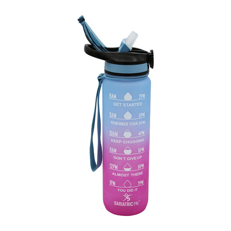 A gradient water bottle with time markers and motivational phrases, designed to encourage hydration throughout the day, featuring a flip-top lid and a carrying strap.
