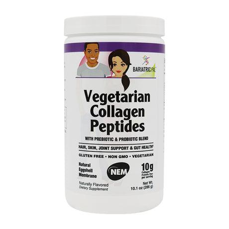 A white container of vegetarian collagen peptides features illustrations of a man and woman, with text highlighting benefits for hair, skin, joints, and gut health, along with dietary supplement details.