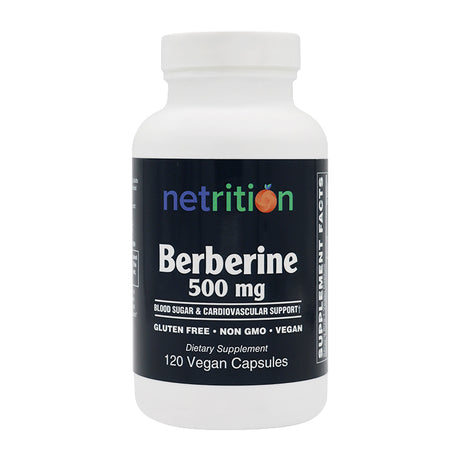 A white bottle labeled "Berberine 500 mg" contains 120 vegan capsules, highlighting benefits for blood sugar and cardiovascular support, with markings for gluten-free and non-GMO.