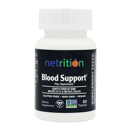 A white bottle of Netrition Blood Support dietary supplement, featuring a black label with orange text, lists key ingredients and claims to be gluten-free, non-GMO, and vegan, containing 60 tablets.