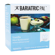 A blue and white box labeled "Bariatric Pal Vanilla Meal Replacement" displays a glass of vanilla pudding and a small dish of pudding topped with a blueberry, surrounded by fruits.