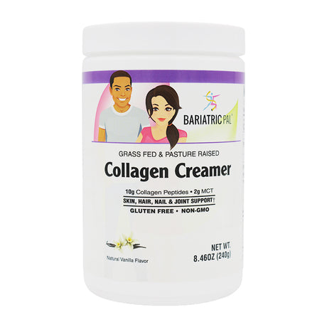 A white container of collagen creamer features illustrations of a man and woman, highlighting benefits for skin, hair, nails, and joints, with notes on being gluten-free and non-GMO.