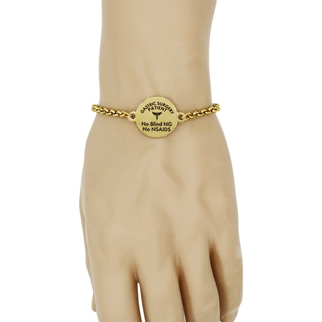 Bracelet d'alerte médicale de chirurgie gastrique avec disque à double gravure et breloque caducée par BariatricPal - Or