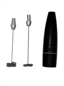 A black handheld milk frother is shown alongside two stainless steel whisk attachments, designed for creating frothy beverages.
