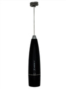 A handheld electric milk frother with a sleek black design and a stainless steel whisk head, ideal for creating frothed milk for coffee and other beverages.