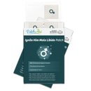 A product box for "Ignite Him Male Libido Patch" displays a green and white design, featuring an icon of the male symbol, with details about its plant-based ingredients and potential benefits for male performance.