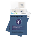 A package of "Immune Defense Plus" patches displays a blue label with a shield logo, highlighting benefits like vitamins B6, C, D3, and E, and includes 30 hypoallergenic patches for immune support.