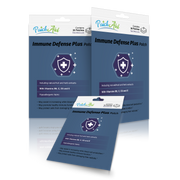 Three packages of "Immune Defense Plus Patch" are displayed, featuring a shield icon and information about natural extracts and vitamins, emphasizing immune support and hypoallergenic fabric.