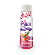 Inspire Fruit Punch + Collagen Power Shot with 30 grams of protein in a 3-fluid-ounce bottle.