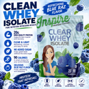 Inspire Blue Raz Clear Whey Isolate Protein Powder with 20 grams of protein, 90 calories and no added sugar per serving.