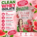 Inspire Watermelon Clear Whey Isolate Protein Powder with 20 grams of protein, 90 calories and no added sugar per serving.