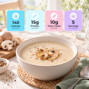 Creamy Mushroom Soup from Inspire Protein Kitchen, with 15g of protein per serving.