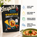 A packet of Inspire Protein Kitchen Western Omelet Pronto is displayed next to a bowl of cooked omelet topped with vegetables, highlighting its quick preparation and convenience for meals on the go.