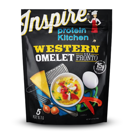A black packaging labeled "Inspire Protein Kitchen Western Omelet Pronto" features a bowl of omelet with toppings, alongside a grater, cheese, and vegetables, highlighting 15g of protein per serving.