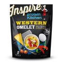 A black packaging labeled "Inspire Protein Kitchen Western Omelet Pronto" features a bowl of omelet with toppings, alongside a grater, cheese, and vegetables, highlighting 15g of protein per serving.