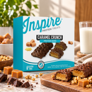 Inspire Protein Treats Caramel Crunch Protein Bars with 14 grams of protein per gluten-free bar. Contains seven chocolate-covered bars.