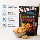 A bag of Inspire Original Crispy Pork Puffs is displayed next to a bowl of the snack, highlighting its warm, crispy texture and zero carbs, ideal for movie nights.