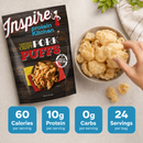 Inspire Original Crispy Pork Puffs beside a bowl of freshly baked puffs. Each serving has 60 calories, 10 grams of protein and zero carbs; 24 servings per bag.