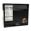 A nutrition facts label on a box of protein bars displays serving size, calories, and ingredient details, accompanied by a small image of chocolate pieces and a protein bar on the side.