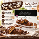A box of Choc-a-lot Chip Protein Bars sits on a marble countertop, showcasing the bars with chocolate coating and crispy texture, highlighting their high protein content and delicious taste.