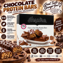 A box of Inspire Choc-a-lot Chip Protein Bars sits on a wooden surface, with one bar broken in half to reveal its chewy interior, surrounded by chocolate pieces and text highlighting its protein content and benefits.