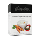 A box of Inspire Cream of Vegetable Soup Mix features a bowl of creamy soup with carrots and herbs, highlighting its natural flavors and suggesting easy preparation for a comforting meal.