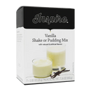 Front product image of Inspire Vanilla Shake or Pudding Mix box featuring a creamy vanilla shake, vanilla pudding and vanilla beans.
