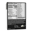 Back of Inspire Vanilla Shake or Pudding Mix box showing Nutrition Facts, ingredients and allergen information. One packet contains 100 calories, 15g protein and 5g fiber.
